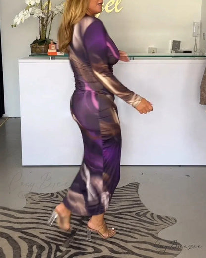 V-neck long sleeve dress with slit
