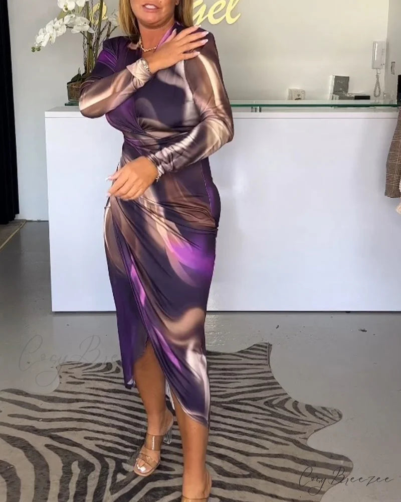 V-neck long sleeve dress with slit