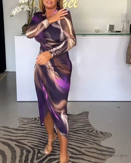 V-neck long sleeve dress with slit