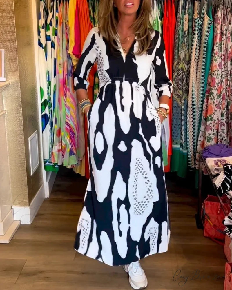 V Neck Long Sleeve Dress with Slit Black / S