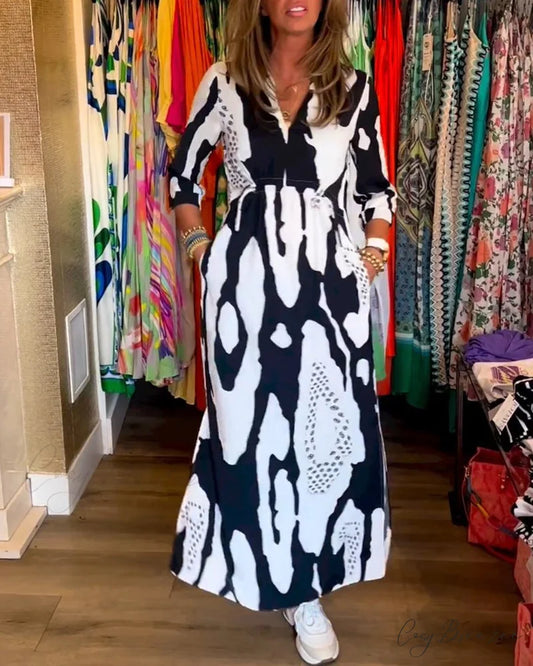 V Neck Long Sleeve Dress with Slit Black / S