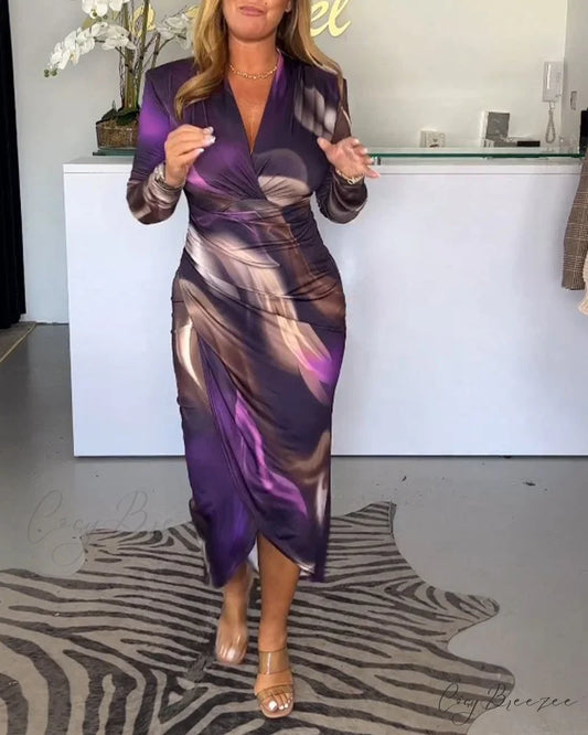V-neck long sleeve dress with slit Purple / S