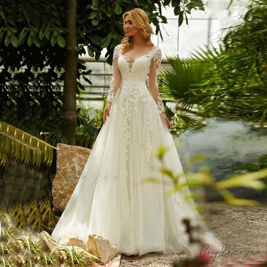 V-Neck Long Sleeve Sheer Wedding Dress White / 2 weddingdress-250223