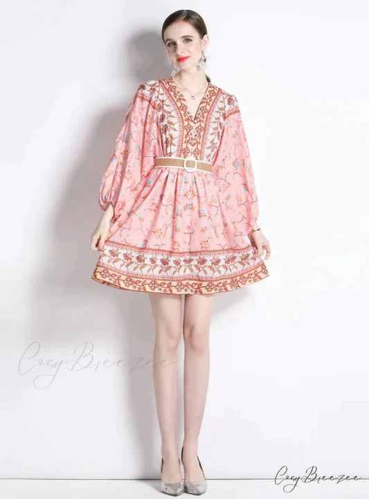 V-Neck Long Sleeve Short Dress with Print