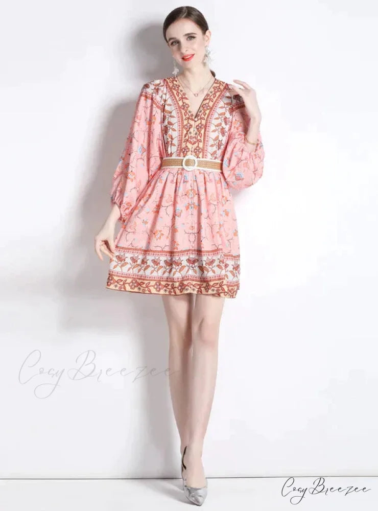 V-Neck Long Sleeve Short Dress with Print