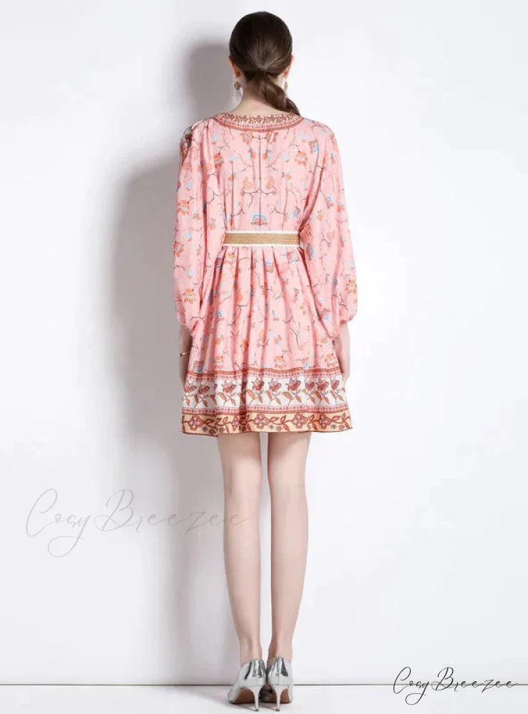 V-Neck Long Sleeve Short Dress with Print