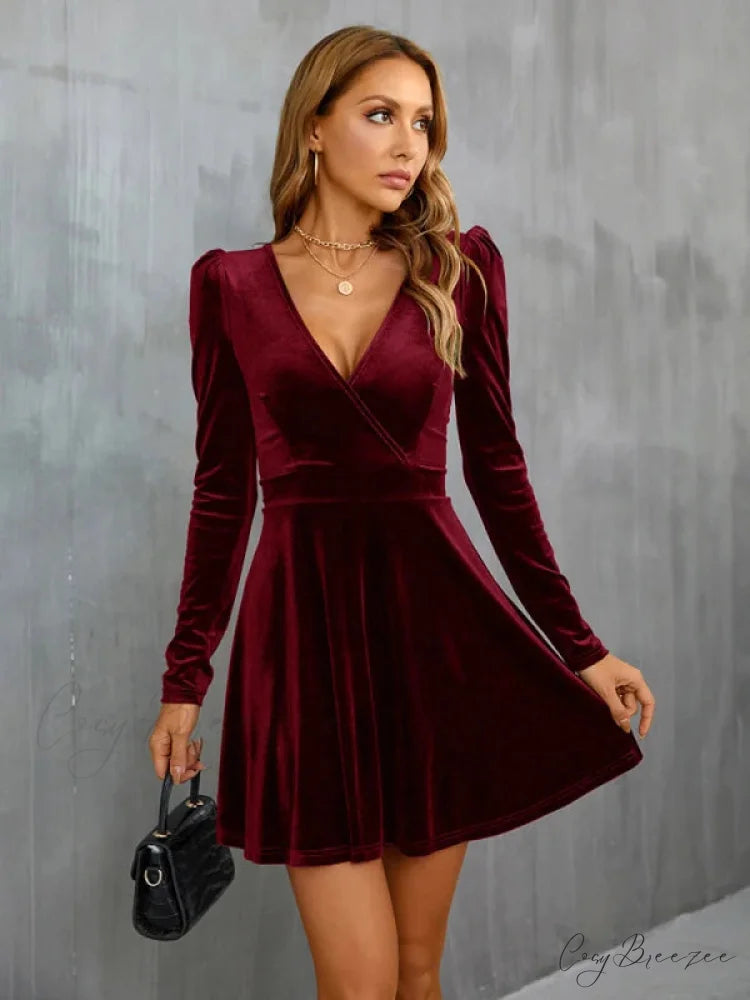 V-Neck Long Sleeve Velvet Dress S / army green