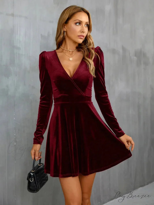 V-Neck Long Sleeve Velvet Dress S / army green
