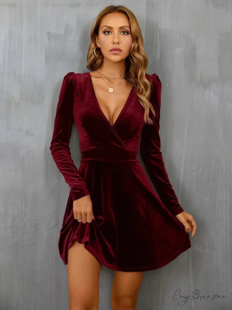 V-Neck Long Sleeve Velvet Dress S / burgundy