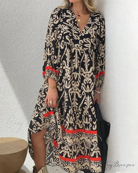 V-neck long-sleeved dress with print Brown / S