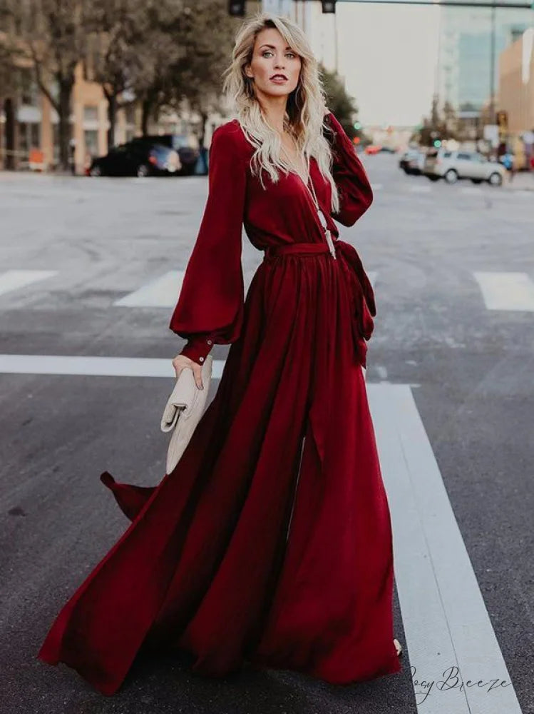 V-neck Long Sleeves Belted Maxi Dress M / Burgundy
