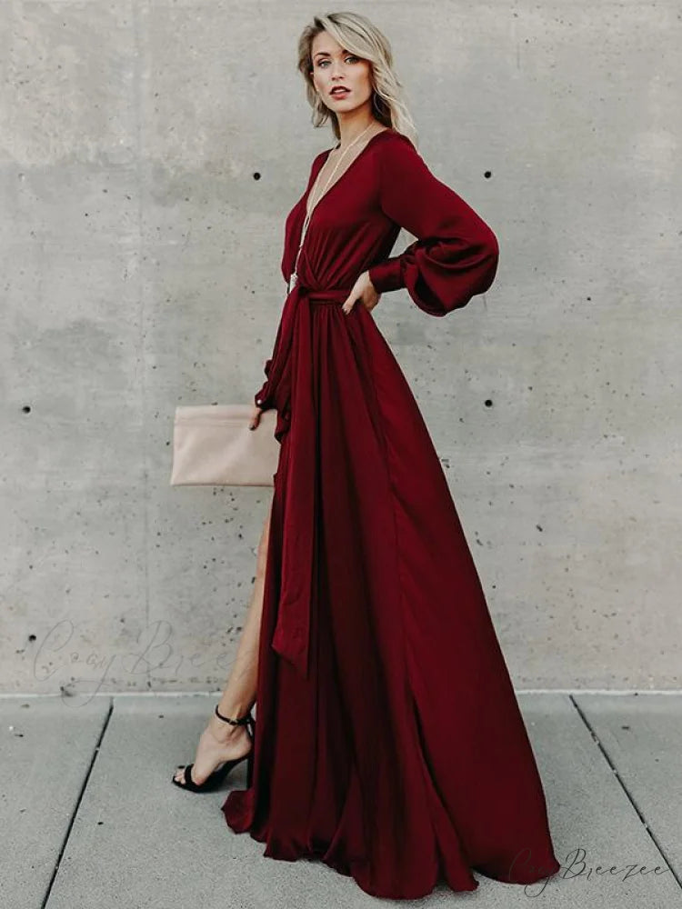 V-neck Long Sleeves Belted Maxi Dress M / Green
