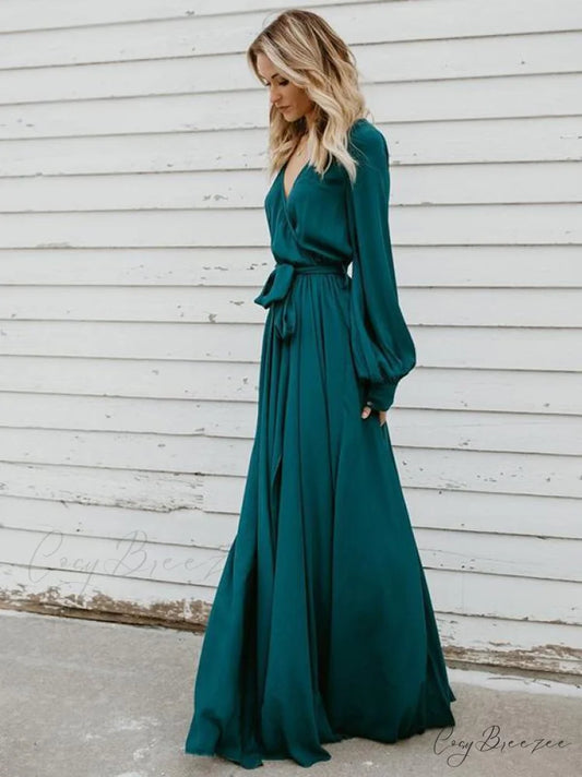 V-neck Long Sleeves Belted Maxi Dress S / Burgundy