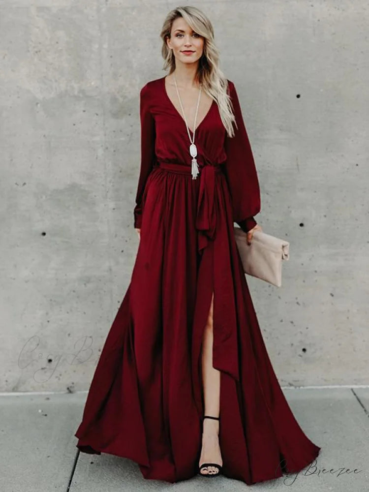 V-neck Long Sleeves Belted Maxi Dress S / Green
