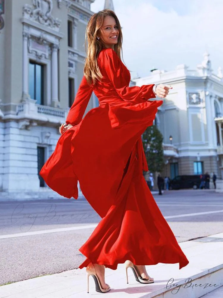 V-neck Long Sleeves Solid Color Belted Maxi Evening Dress M / RED