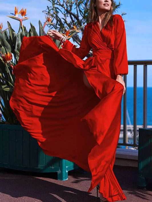 V-neck Long Sleeves Solid Color Belted Maxi Evening Dress S / RED