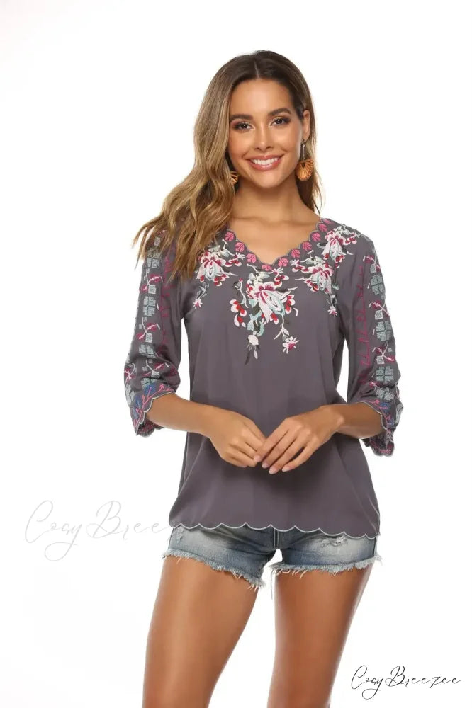 V-Neck Loose Casual Cotton Floral Embroidery Blouse Grey / S bohoblouse-250126
