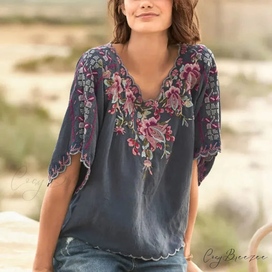 V-Neck Loose Casual Cotton Floral Embroidery Blouse navy / S bohoblouse-250126