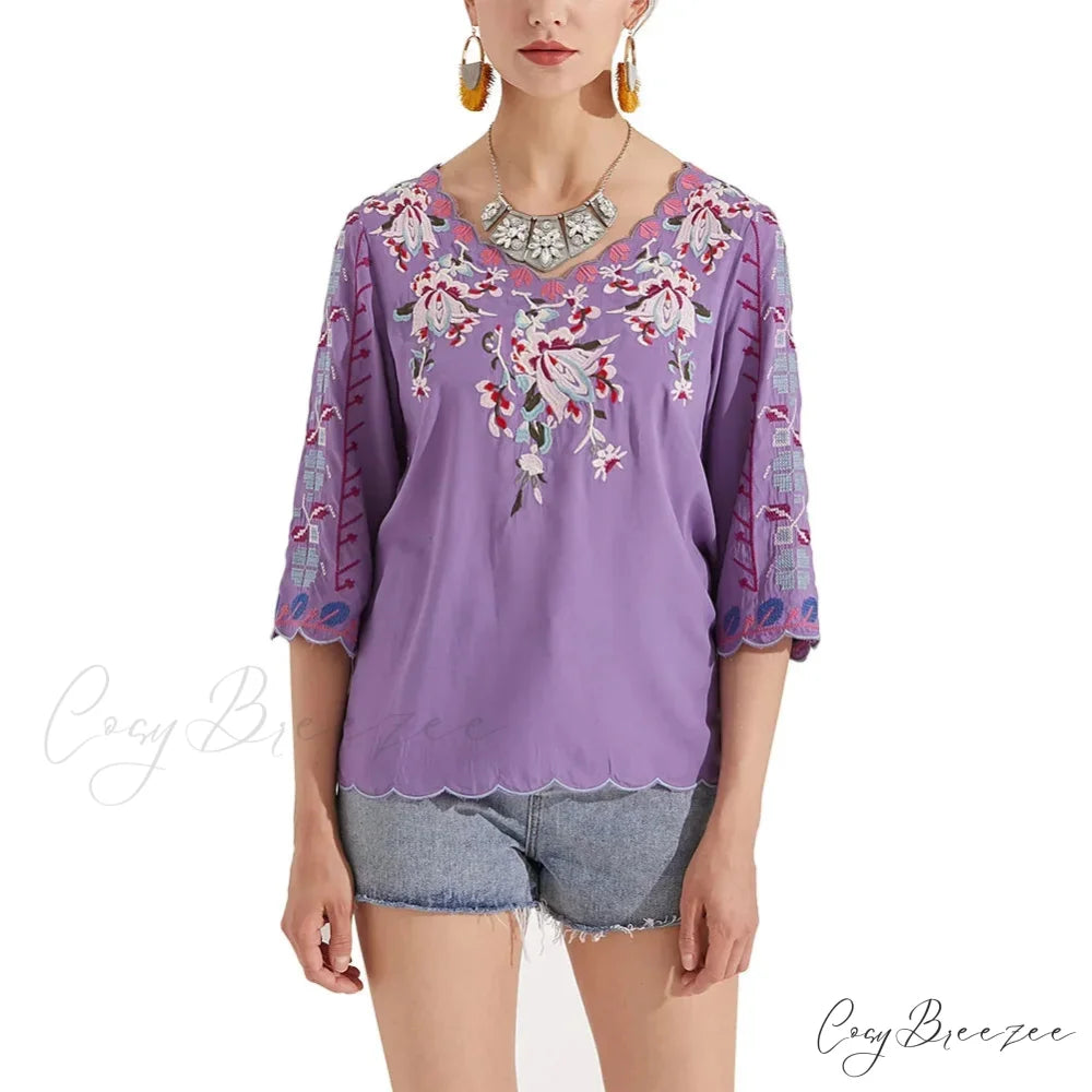 V-Neck Loose Casual Cotton Floral Embroidery Blouse Purple / S bohoblouse-250126
