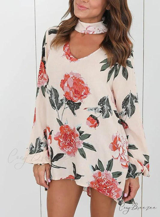 V-Neck Loose Chiffon Sleeve Blouse Dress S / WHITE