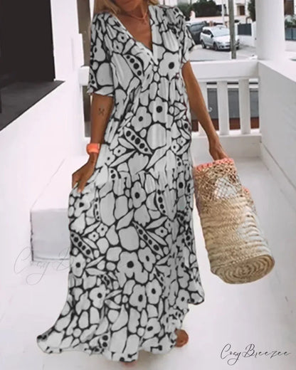 V-neck loose dress with print Black / S