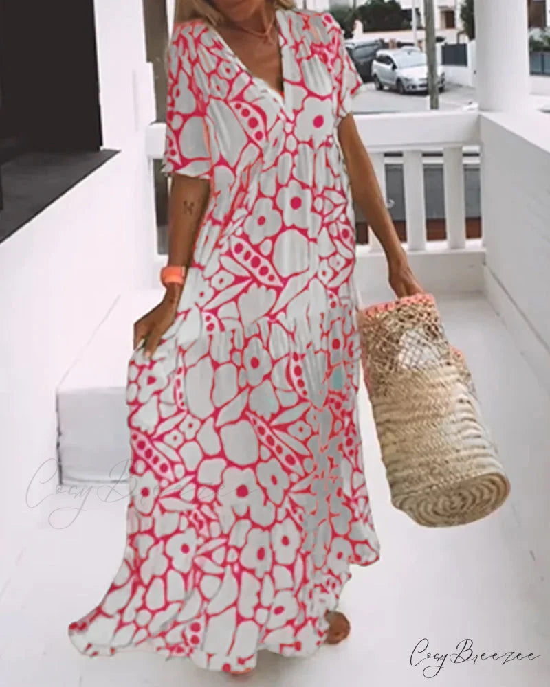 V-neck loose dress with print Fuchsia / S
