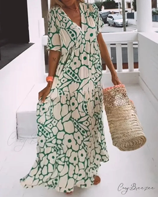 V-neck loose dress with print Green / S