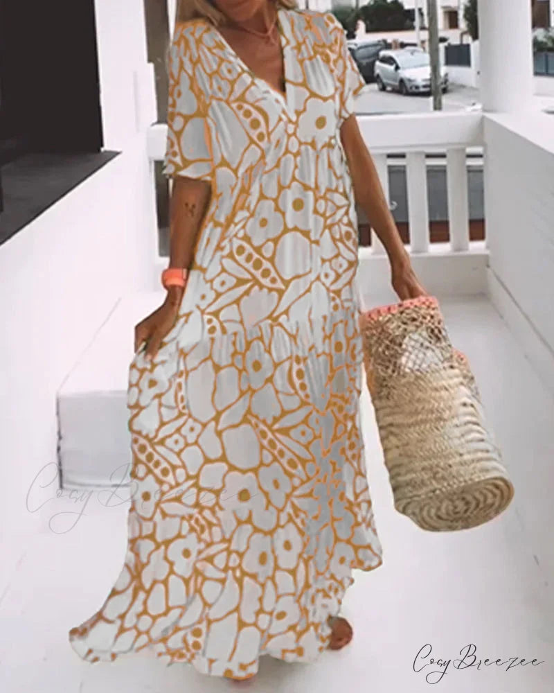 V-neck loose dress with print Yellow / S