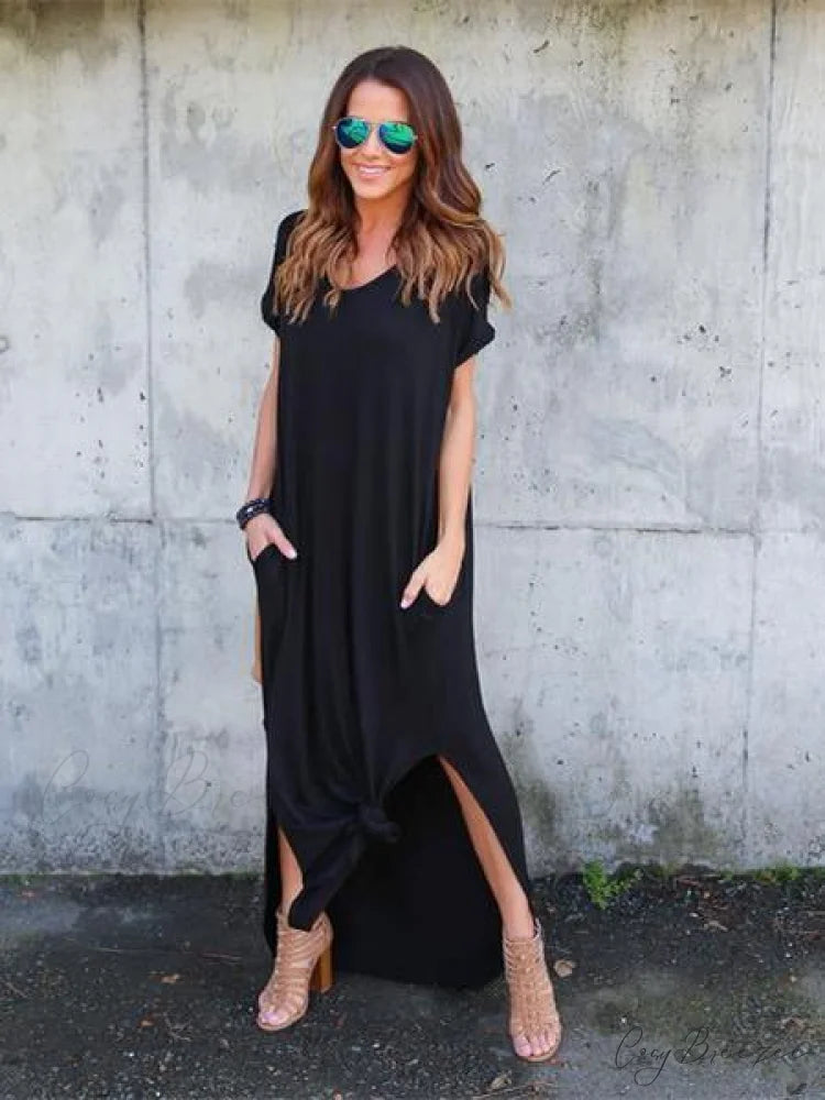 V-Neck Maxi Dress with Pockets in Solid Color Black / L