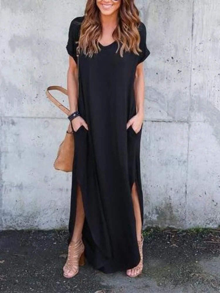 V-Neck Maxi Dress with Pockets in Solid Color Black / XL