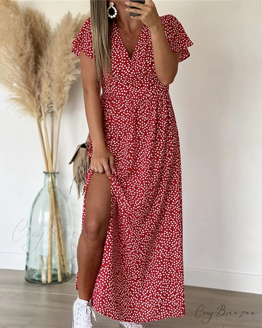 V-neck Maxi Dress with Print Red / S