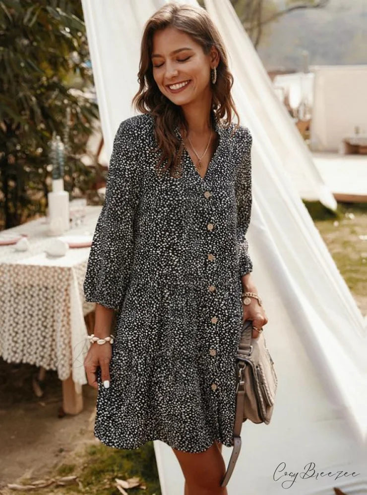 V-Neck Mini Dress with Three Quarter Sleeves M / WHITE
