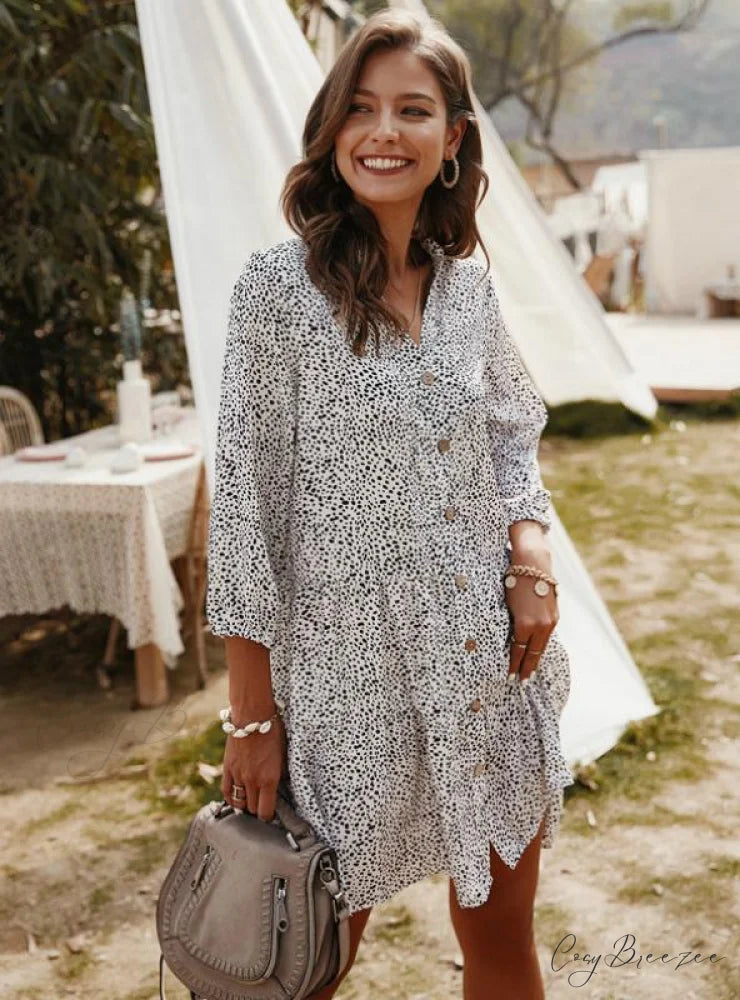 V-Neck Mini Dress with Three Quarter Sleeves S / BRUGUNDY