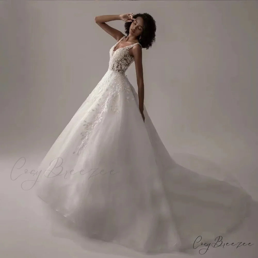 V-Neck No-Sleeve Lace Bridal Dress weddingdress-250223