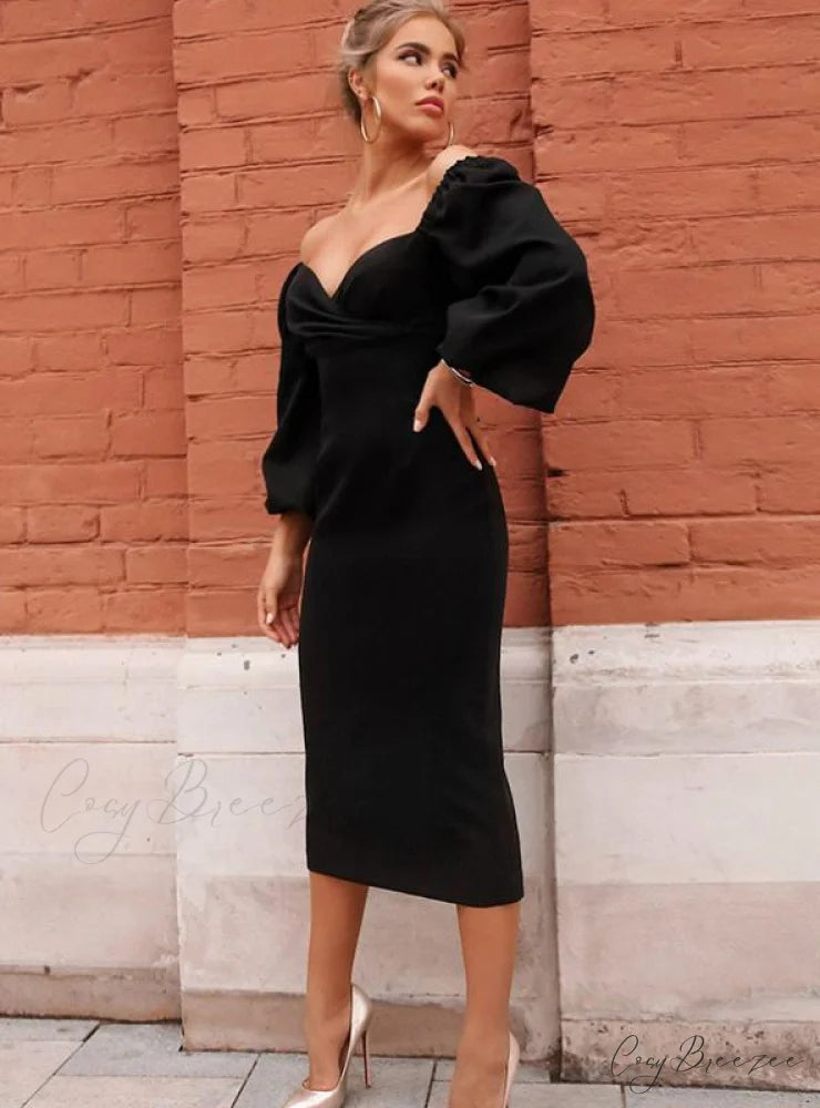 V Neck Off Shoulder Bodycon Dress S / BURGUNDY