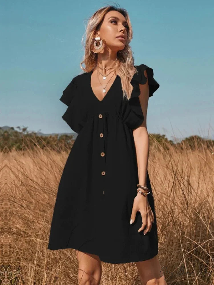 V-Neck One-Breasted Swing Dress S / black