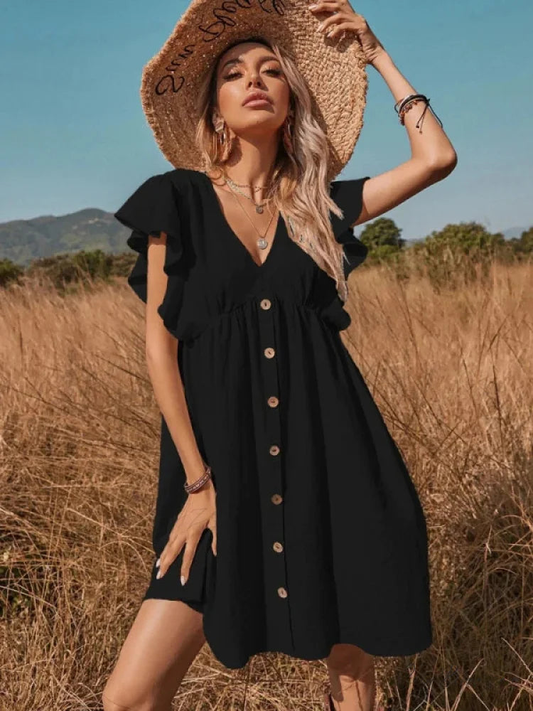 V-Neck One-Breasted Swing Dress S / khaki