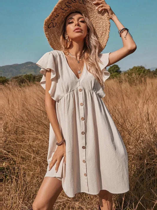 V-Neck One-Breasted Swing Dress XS / khaki