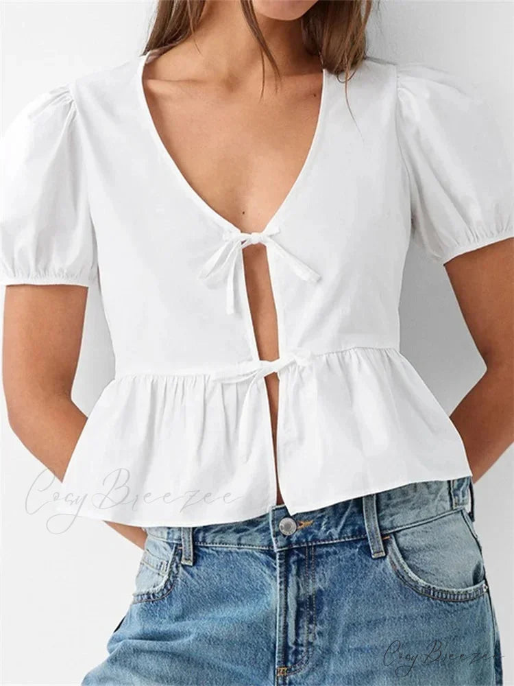 V-neck Open Front Tie-up Short Sleeve Crop Top blouse-250126
