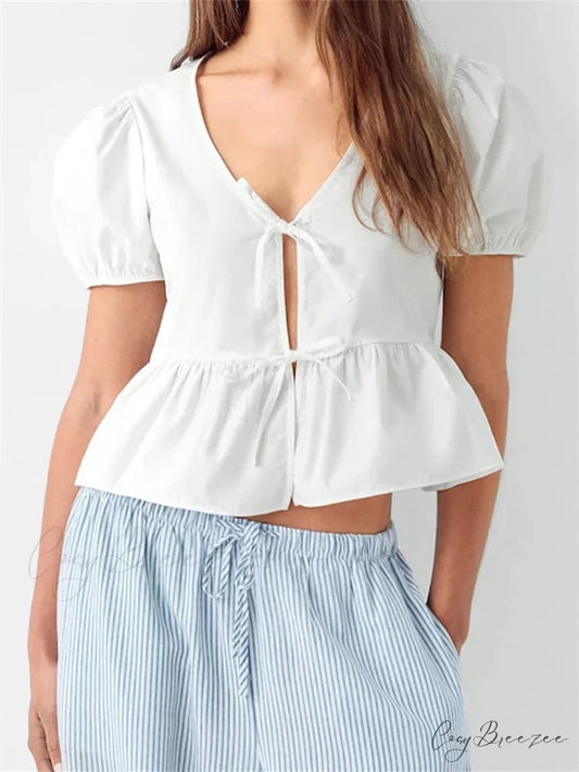 V-neck Open Front Tie-up Short Sleeve Crop Top blouse-250126