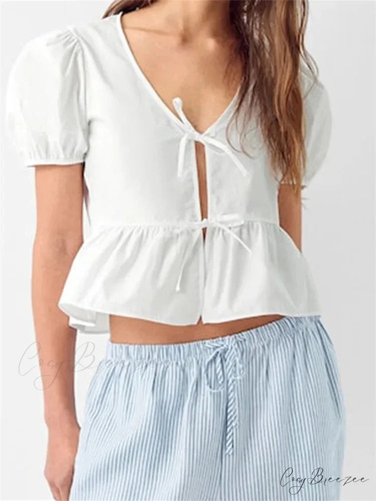 V-neck Open Front Tie-up Short Sleeve Crop Top blouse-250126