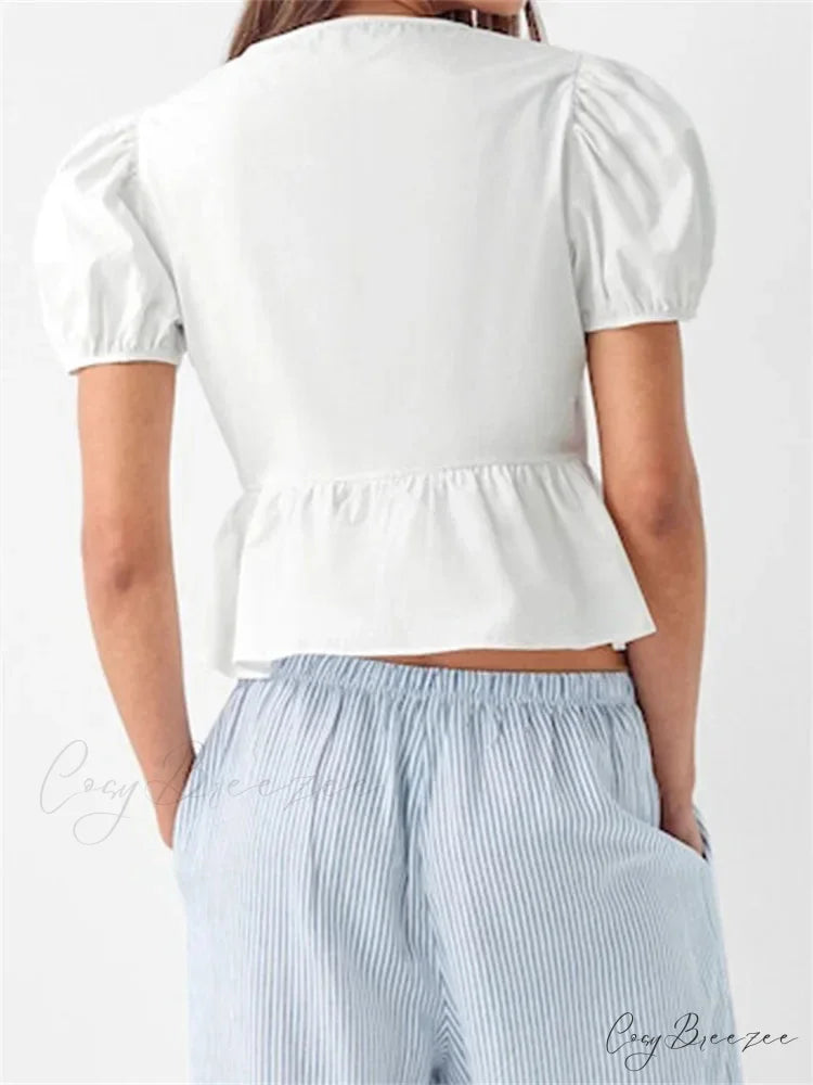 V-neck Open Front Tie-up Short Sleeve Crop Top blouse-250126