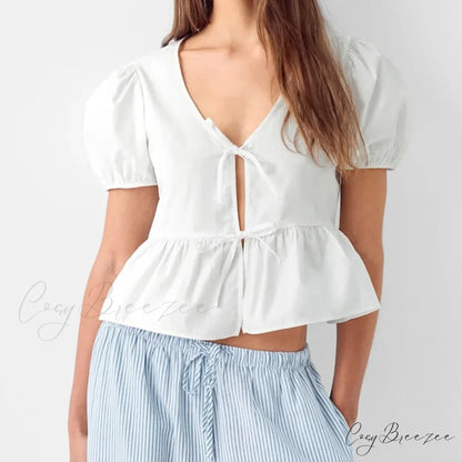 V-neck Open Front Tie-up Short Sleeve Crop Top WHITE / S blouse-250126