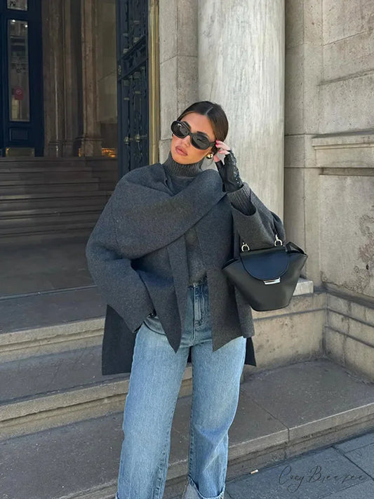 V-Neck Oversized Woolen Coat Grey / S coats-241228