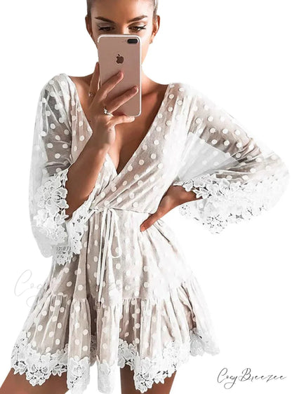 V Neck Party Beach Mesh Dress with Backless Flare Sleeves