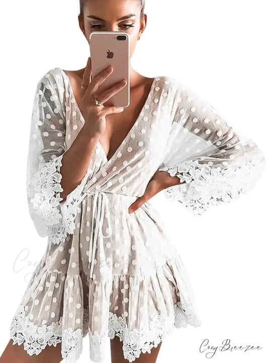 V Neck Party Beach Mesh Dress with Backless Flare Sleeves