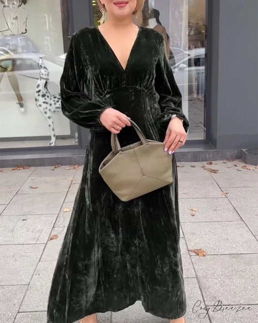V-neck Patchwork Long Sleeve Dress Green / S