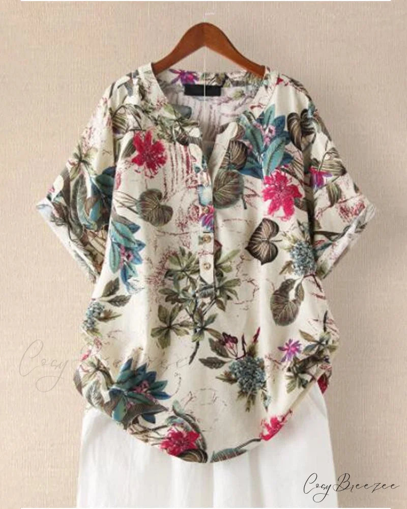 V-neck Patterned T-shirt Purple / S