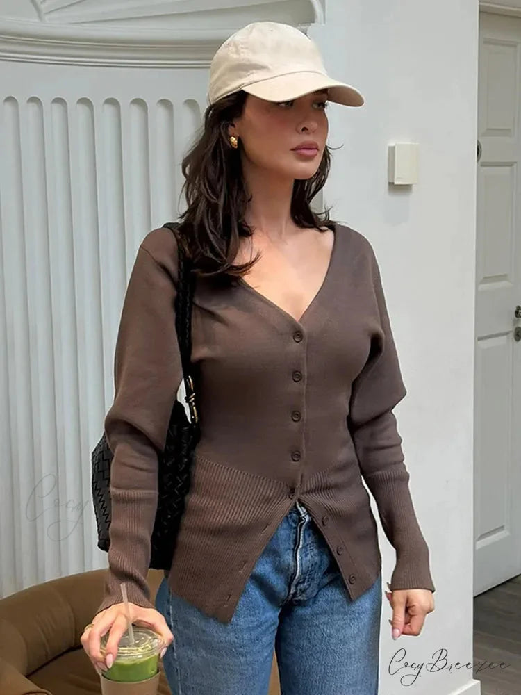 V-neck Plain Long Sleeve Cardigan Chocolate / S cardigans-241228