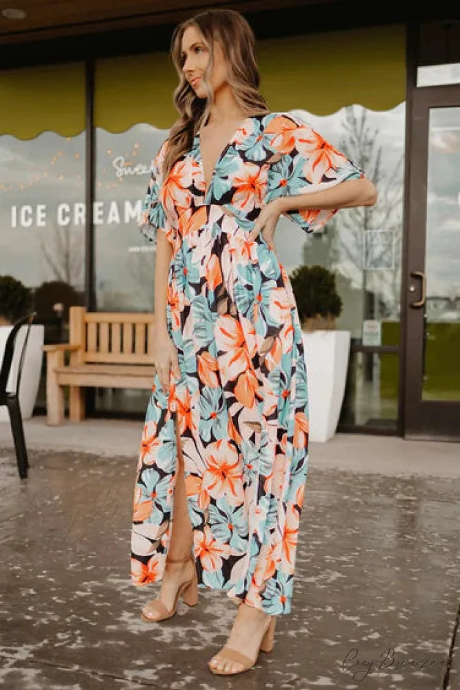 V Neck Print Cap Sleeve Slit Maxi Dress